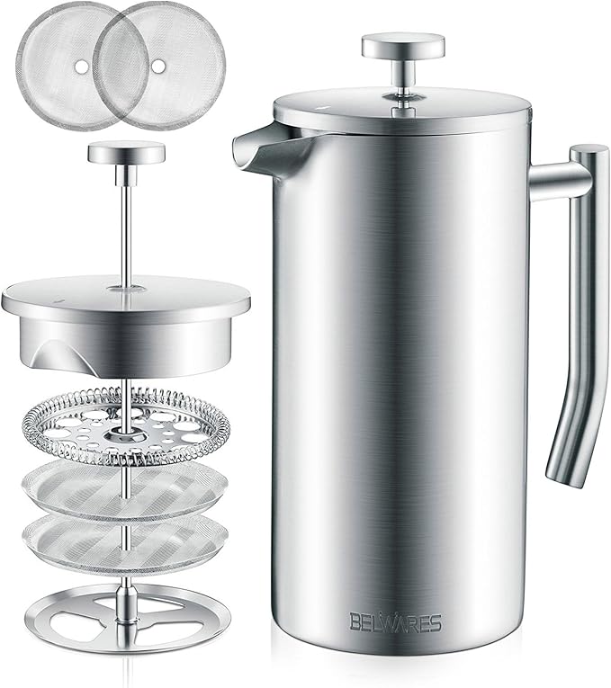 French Press Coffee Maker 34oz (1 Liter) - 304 Stainless Steel Insulated Coffee Press Maker, Double Wall Thermal, 4-Level Filtration, Includes 2 Extra Filters, Rust Resistant, Dishwasher Safe, Silver