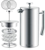 French Press Coffee Maker 34oz (1 Liter) - 304 Stainless Steel Insulated Coffee Press Maker, Double Wall Thermal, 4-Level Filtration, Includes 2 Extra Filters, Rust Resistant, Dishwasher Safe, Silver