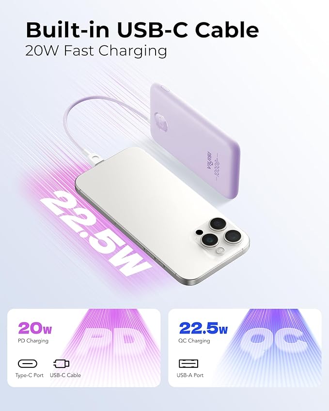 VIYISI Slim Portable Charger Power Bank 10000mAh, PD 20W Fast Charging Compact Battery Pack with Built-in USB C Cable, Travel Essential Compatible with iPhone 17 16 15, Samsung, Android - Purple