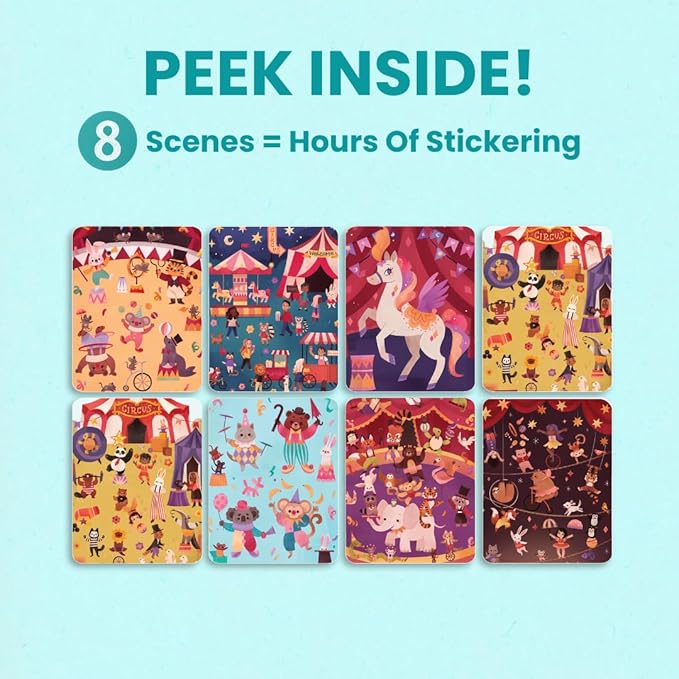 Circus Show 300+ Kids Sticker Book by Cupkin Toddler Airplane Travel Coloring and Sticker Book, Road Trip Essentials, 8 Coloring Pages 8 Side by Side Scenes for Ages 2–8 Years