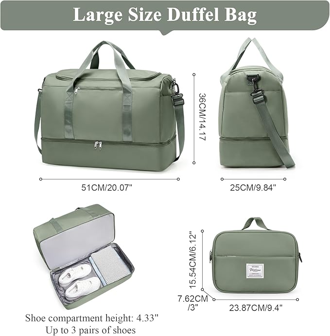 Large Travel Duffle Bag,Carry on Overnight Weekend Bag with Shoes Compartment,Weekender Bags for Women for Travel Business Trips Sport Hospital,2Pcs,Olive Green