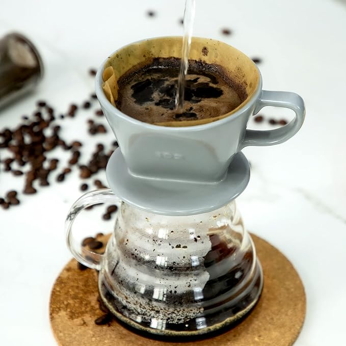 Pour Over Ceramic - Coffee Dripper Ceramic Coffee Maker with 3 Holes Flat Bottom, Porcelain Slow Filter Cone for Travel, Camping, Office, Home, Coffee Maker Brew, Grey