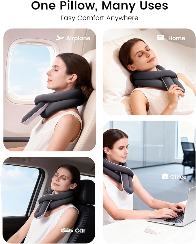 KPNEOL Travel Pillow, Neck Pillow – Ergonomic Memory Foam Pillow for Airplane, Adjustable & Ultra-Lightweight with Dual-Sided Fabric for Flight, Car, and Office Use, Grey
