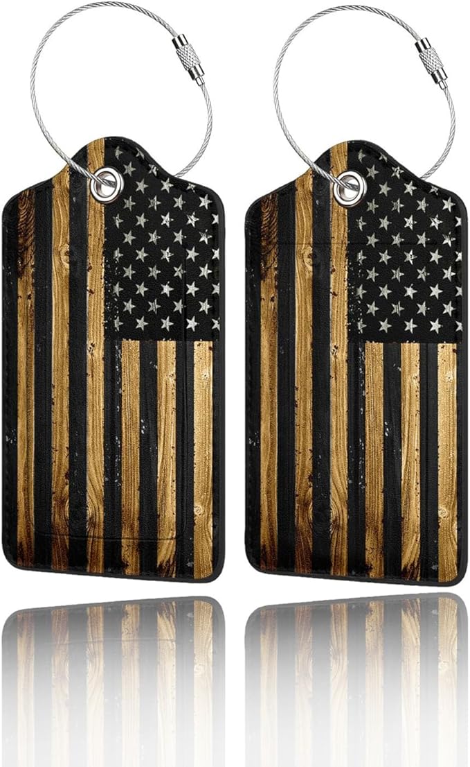 GACCAP 2 Pack Luggage Tags for Suitcase, Privacy Cover ID Label with Stainless Steel and Address Card for Travel Bag Backpack Cruise Ship Essentials Tag Women Men - Wood American Flag