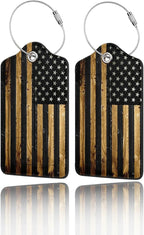 GACCAP 2 Pack Luggage Tags for Suitcase, Privacy Cover ID Label with Stainless Steel and Address Card for Travel Bag Backpack Cruise Ship Essentials Tag Women Men - Wood American Flag