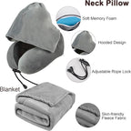 Travel Blanket Pillow Set - Travel Neck Pillow & Blanket for Airplane, Thick Fleece Plane Blanket, Hooded Memory Foam Neck Pillows, Foldable Duffel Bag, Sleep Mask, Earplugs for Plane Traveling, Gray