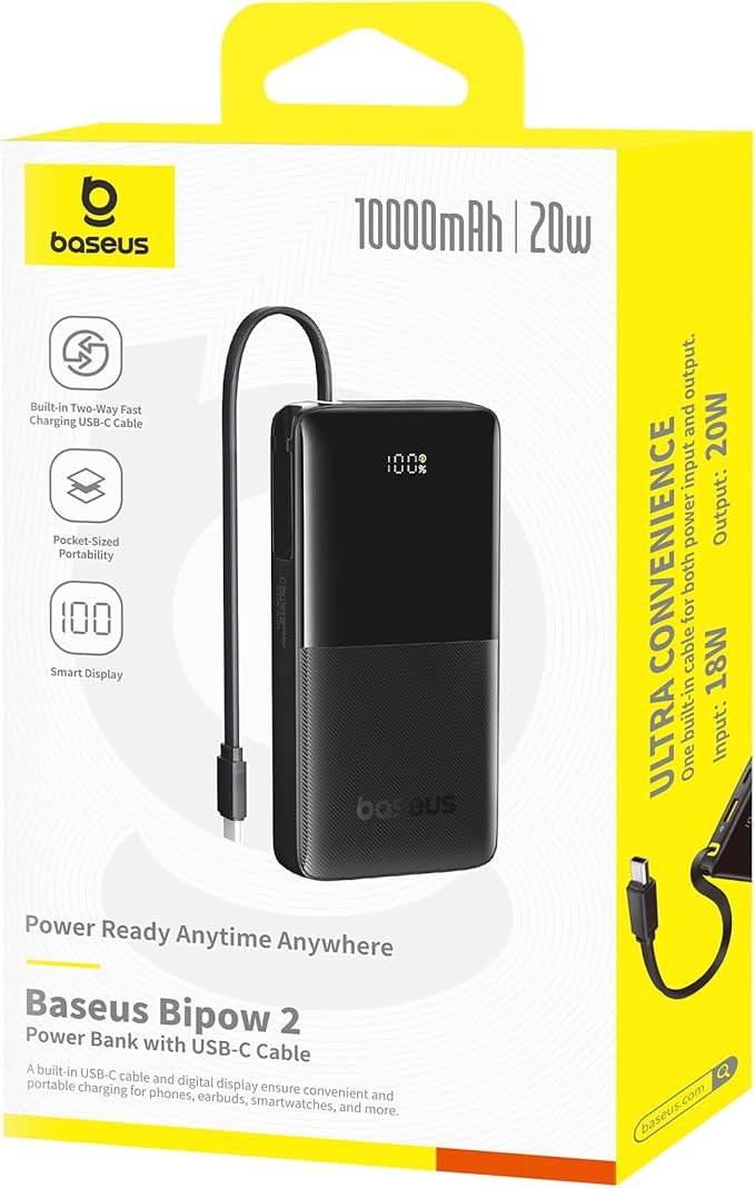Baseus Portable Charger 10000mAh, 22.5W PD Fast Charging Power Bank with Built-in USB-C Cable, Compact Battery Pack for iPhone 17/16/15, iPad, Samsung S25/S24, Travel Essentials