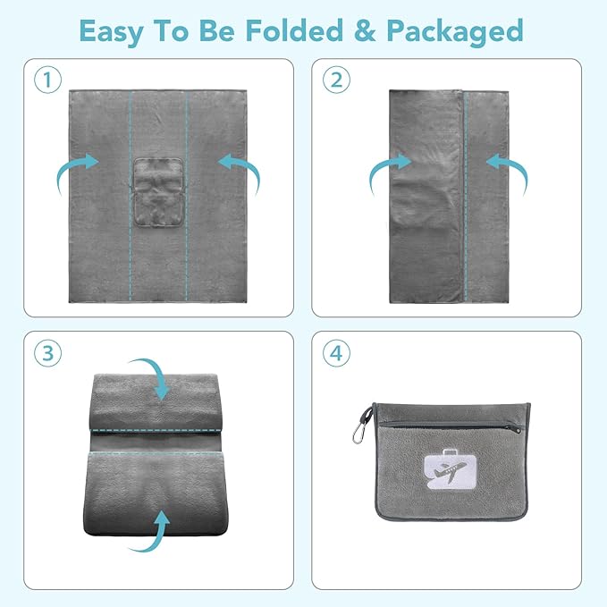 SINLAND Travel Pillow and Blanket 2-in-1 Set,Airplane Packable Bag,Soft and Lightweight Plane Flight Car Trips Travel Essentials Gift,Hand Luggage Sleeve and Backpack Clip,60x50 Inch Grey