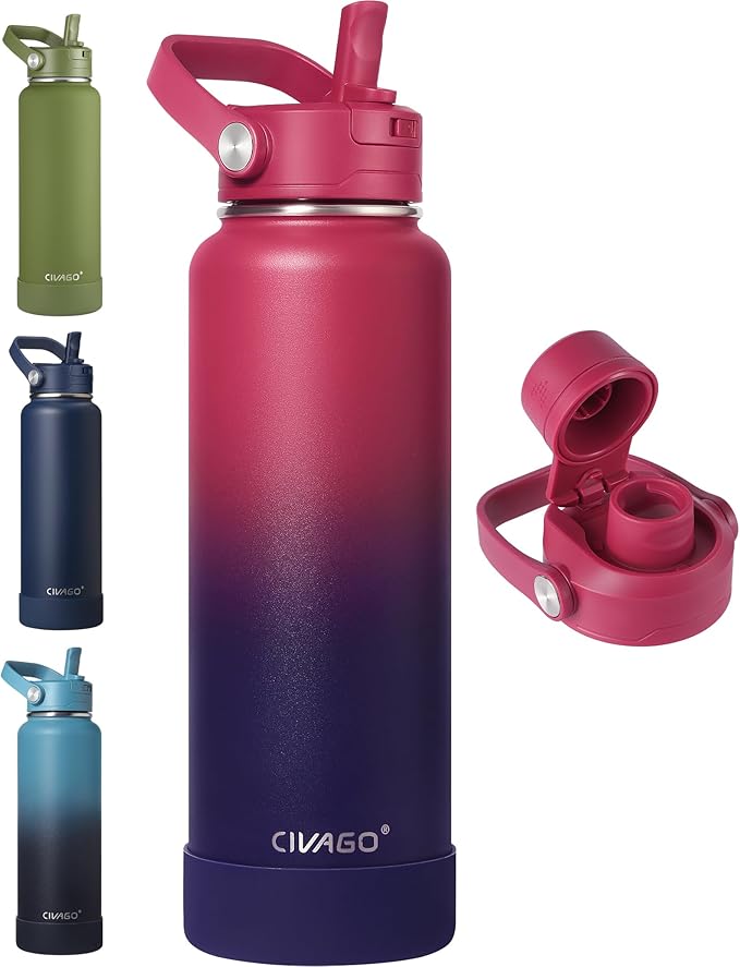 CIVAGO 40 oz Insulated Stainless Steel Water Bottle with Detachable Straw, Large Metal Water Jug with Bucket Handle, Leakproof Sports Water Flask with Silicone Boot, Dishwasher Safe, Dark Rainbow