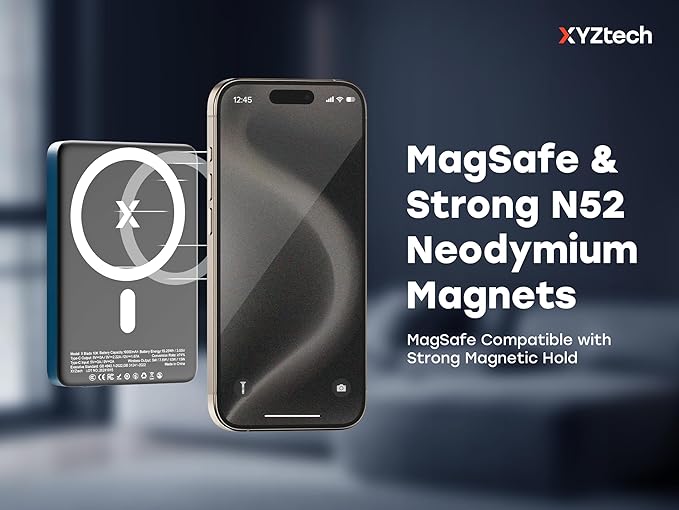 X Blade 10K Slim Magnetic Power Bank - 10000 mAh - MagSafe Portable Charger for iPhone and Samsung, Wireless Fast Charging USB-C PD 20W, Ultra Thin Metal Design, Metallic Blue