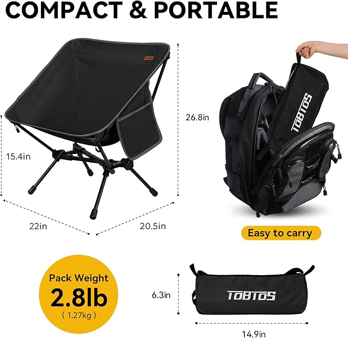 TOBTOS Ultralight Camping Chair, Portable Folding Chair Support 330 lbs, Stable Compact Camp Chair for Hiking Backpacking Travel Beach (Black)