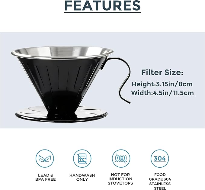 AGOGO V60 Coffee Dripper - Unbreakable 304 Stainless Steel Pour Over Cone for Travel & Camping, Includes 50 Paper Filters & Barista Towel - Black