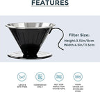 AGOGO V60 Coffee Dripper - Unbreakable 304 Stainless Steel Pour Over Cone for Travel & Camping, Includes 50 Paper Filters & Barista Towel - Black