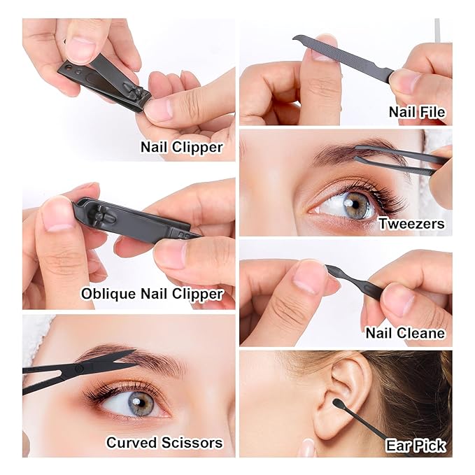 Manicure Set-Stainless Steel Nail Care Set-Professional 7 in 1 Ingrown Toenail Clipper Grooming Tool-Pedicure Kit & Toe Nail Cutter-Thick Nail Scissors Toiletries with Cuticle Trimmer (Black)