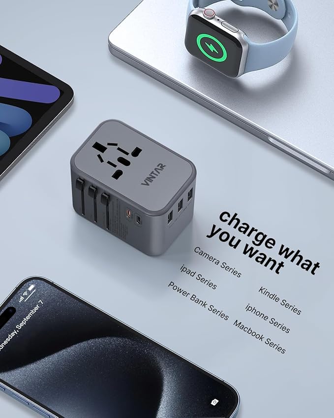 Universal Travel Adapter, VINTAR 35.5W International Power Adapter with 3 USB A QC and 2 USB C PD, All in One Plug Adapter Worldwide Travel Essentials for EU/UK/USA/AUS(Type C/G/A/I), Silver