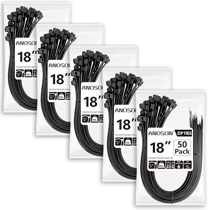 Large Zip Ties 18 inch (250 Pack), Long Zip Ties Heavy Duty with 220 lb Tensile Strength, Big Cable Ties, Black, by ANOSON