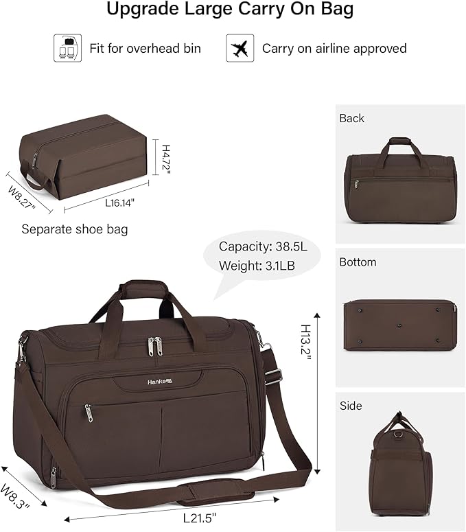 Hanke Large Capacity Travel Duffel Bag, Carry On Luggage with 12 Pockets, 17 Inch Laptop Compartment, Wet Dry Separation & Independent Shoe Bag, Lightweight Foldable Duffel Bag for Women Men（Coffee）