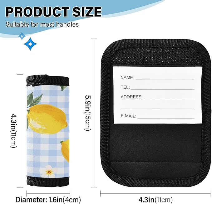 Lemon Blue Grid Luggage Handle Wrap for Suitcase Luggage Tags Handle Covers Identifiers Soft Decorations Travel Accessories 2 Pack