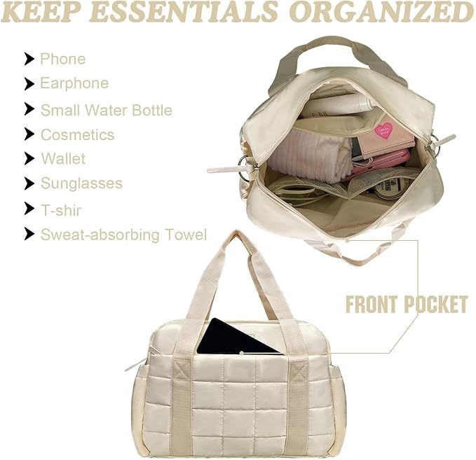 WOLT Small Gym Bag for Women, 14 inch Lightweight Gym Duffle Bag with Wet Compartment Quilted Tote for Sports Workout, Beige