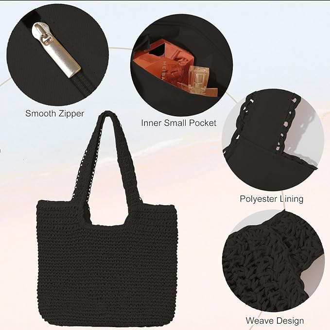 GOLDTIMO Beach Bags for Women - Summer Soft Large Woven Shoulder Purse Handbag, Beach Tote Straw Bag for Summer Vacation