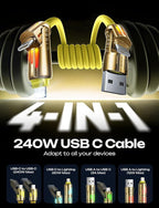 LISEN 6.6FT 240W 4-in-1 Multi Charging Cable, USB A/C to C/L, Yellow, for iPhone 16/15/14 Pro Max/MacBook/iPad Pro/Samsung Galaxy