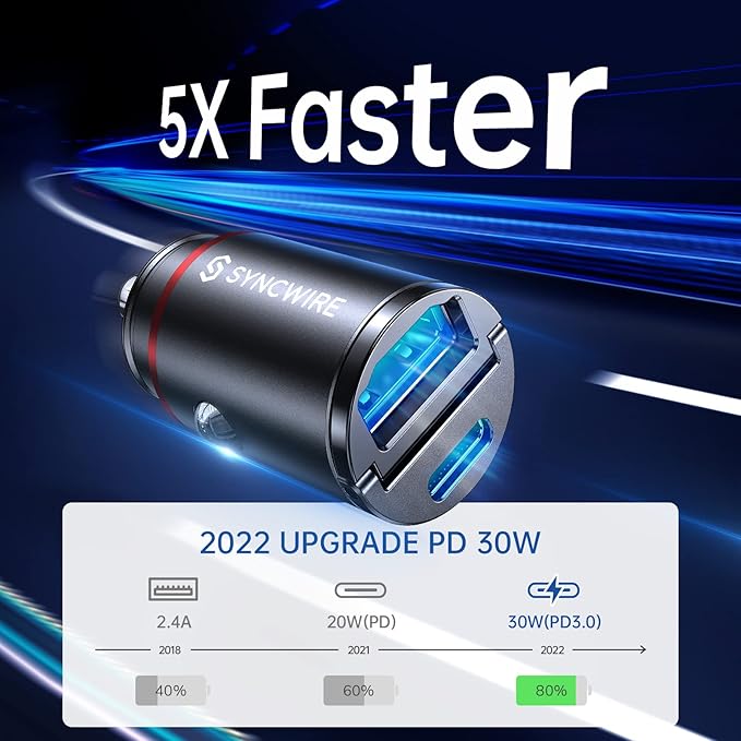 USB C Car Charger Syncwire 60W [PD 30W & QC 30W] USB Car Charger Adapter Fast Charging [Super Mini & All Metal] for iPhone, Samsung, Google Pixel, XiaoMi, Huawei, LG, iPad Road Trip Essentials