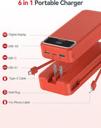 20000mAh Lightweight-Portable-Charger-Power-Bank with Built-in Cables and AC Wall Plug, PD20W USB-C Fast Charging Battery Pack, LED Display External Travel Phone Charger for All iPhone,Samsung,Android