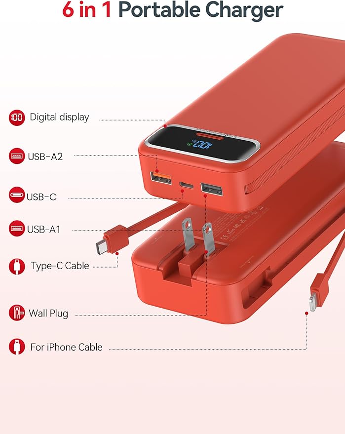 20000mAh Lightweight-Portable-Charger-Power-Bank with Built-in Cables and AC Wall Plug, PD20W USB-C Fast Charging Battery Pack, LED Display External Travel Phone Charger for All iPhone,Samsung,Android