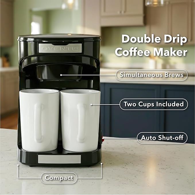 OVENTE Double Drip Coffee Maker. 2 Mugs Included. Coffee Machine. Auto Shut Off, Small Dual Drip Coffee Maker Machine. For Ground Coffee Only, Compact Kitchen or Office Essential, Black CMDD2MB