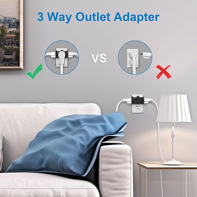EXTRASTAR 3 Outlet Extender, Heavy Duty Grounded Wall Tab, T-Shaped Adapter, 3 Way Plug, ETL Listed Power Splitter, 4 Pack, Black