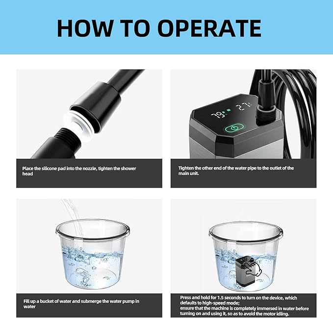 Portable Shower for Camping, Filtered Camping Shower, IPX8 Waterproof，6000mAh Rechargeable Outdoor Camp Shower Pump with LED Display, 4 Spray Modes for Hiking, Travel, Pet