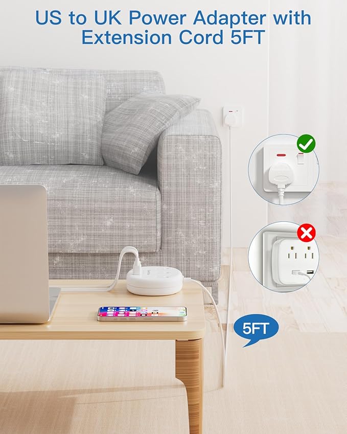 UK Ireland Travel Plug Adapter, US to UK Plug Adapter, Type G Travel Adapter with 3 Outlets 4 USB(2 USB C), 5FT Extension Cord, for US to Scotland London England British Irish Dubai Kenya Hong Kong