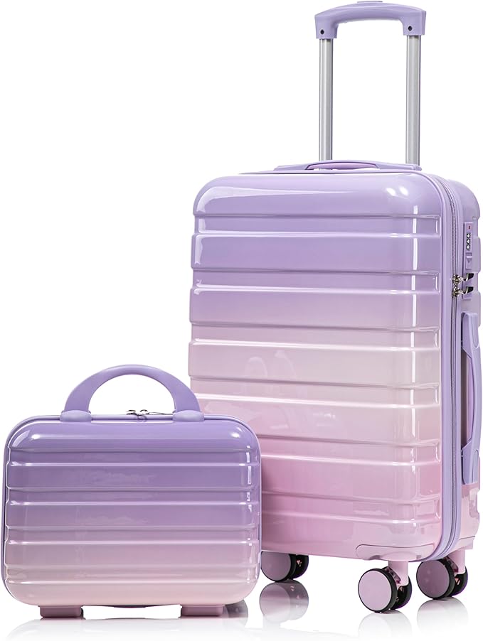 20 Inch Carry on Luggage with 14 Inch Cosmetic Case, 2 Pcs Hardshell Lightweight Durable Spinner Suitcase Set for Travel, Women, Men, TSA Lock, ABS, 20+14 Inch, Pink Purple