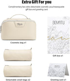 BOYATU Travel Makeup Bag Cosmetic Bags for Women: Large Capacity 3 Pcs Set Make up Bag with Compartments - Waterproof Vegan Leather Toiletry Organizer Bags with Handle (L27Off-white)