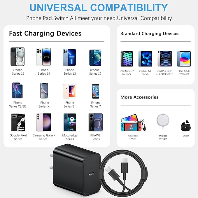 iPhone 17 16 15 Charger Fast Charging 3+3Pack Type C Charger USB C Chargers Block with 10FT Cable for iPhone Air/17/17 Plus/17 Pro/17 Pro Max/16/16 Plus/16 Pro/16 Pro Max/15/15 Pro Max/iPad Pro(Black)