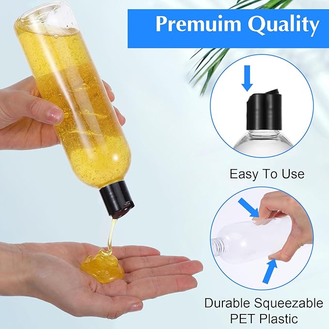 3 Pack 14 oz Clear Plastic Empty Bottles with Black Disc Top Caps Refillable Squeezable Trave Containers for Shampoo, Lotions, Creams