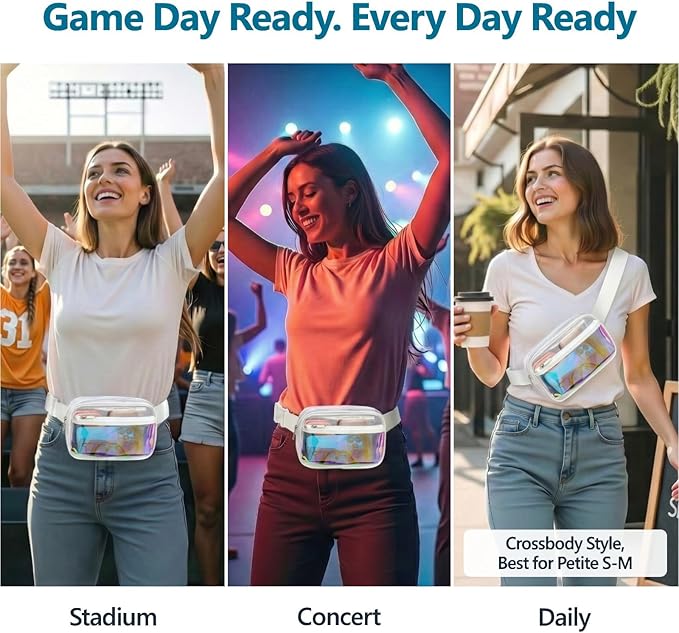 Veckle Holographic Fanny Pack for Women - Plus Size 35-51 Inch Iridescent Clear Belt Bag, Adjustable Crossbody Waist Bag for Concert, Festivals, Raves, Theme Parks, White