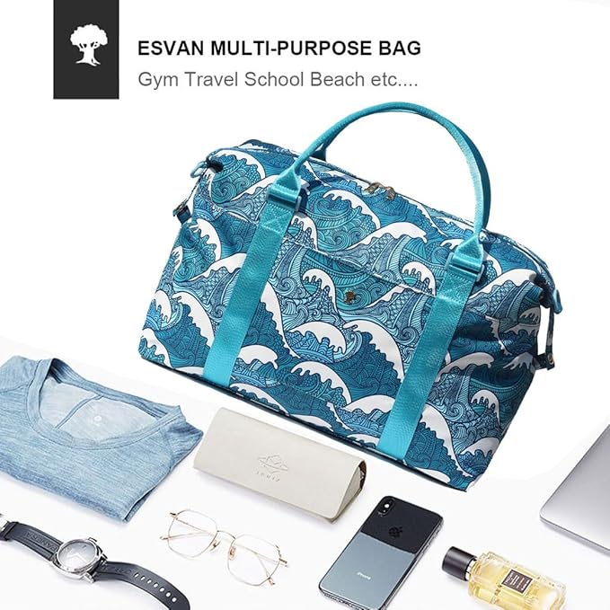 ESVAN Travel Tote Duffel Gym Bag,Weekender Overnight Carry-on Tote Crossbody Bag with Wet Pocket and Trolley Sleeve Upgraded