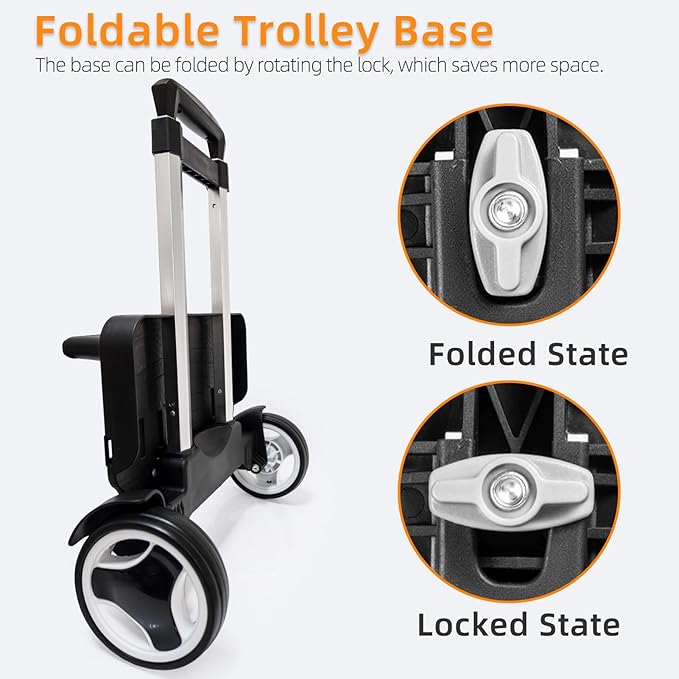 Backpack Trolley Cart with Stair-Climbing Wheels – Foldable Aluminum Frame, Adjustable Handle and 77 lbs Capacity – Quiet Large Wheels with Edge Guard – Black – Fits Travel Bags, Book Bags, Shopping
