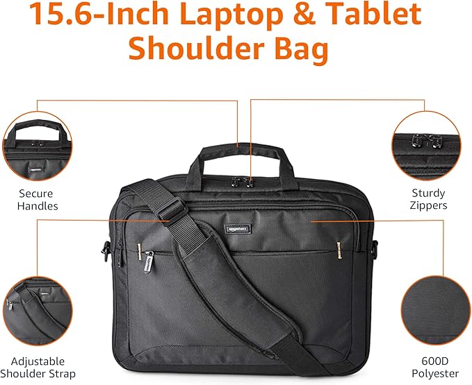 Amazon Basics Laptop Carrying Case with Shoulder Strap, 15.6-inch, Black, Large Capacity Office Work Bag, 10-Pack