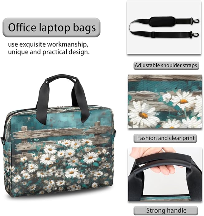 Vintage Daisy Wooden Board Laptop Bag 16 Inch, Slim Business Briefcase for Men Women, Shoulder Bag with Handle & Detachable Strap, Work Office Computer Messenger Bag