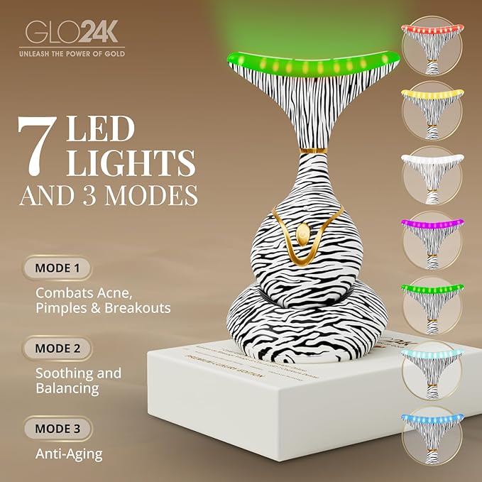 GLO24K 7 Color Beauty Device – Triple LED Action & Vibration Technology Facial and Neck Massager (Zebra, 1 Pack)