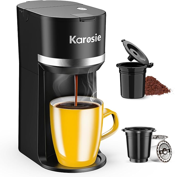 Single Serve Coffee Maker for K-Cup and Grounds, Fast Brew, 6-12 oz Brew Sizes Single Cup Coffee Maker Fits 5.5" Mugs, One-Button Small Coffee Maker, Descaling Reminder,Black,9.45 Inches