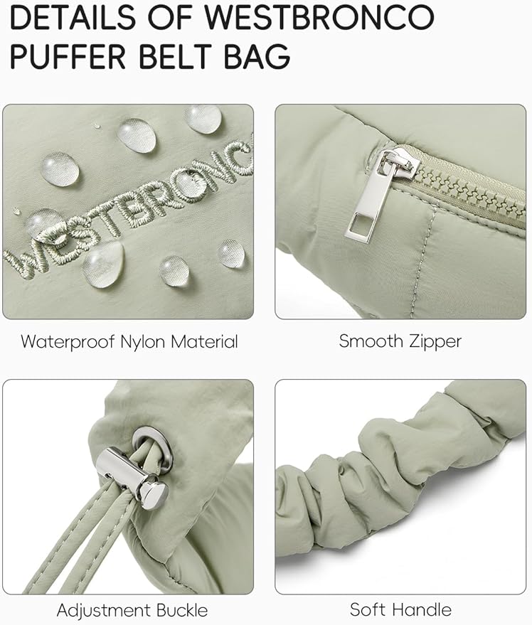 WESTBRONCO Puffer Fanny Packs for Women Small Crossbody Sling Bag, Nylon Quilted Belt Bag for Travel Hiking Running Waist Bag with Adjustable Strap