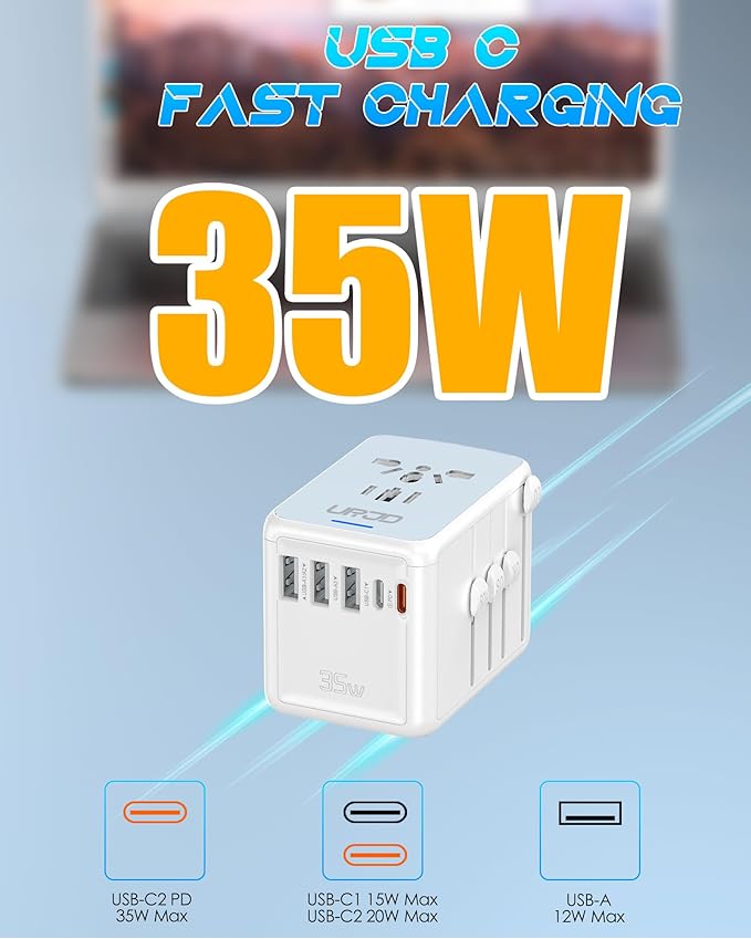 35W PD Universal Travel Adapter with 5 USB Ports + 2500W AC Outlet, Portable International Travel Adapter for Europe 200+ Countries, Compact Travel Charger for Cruise Vacation Business Trip