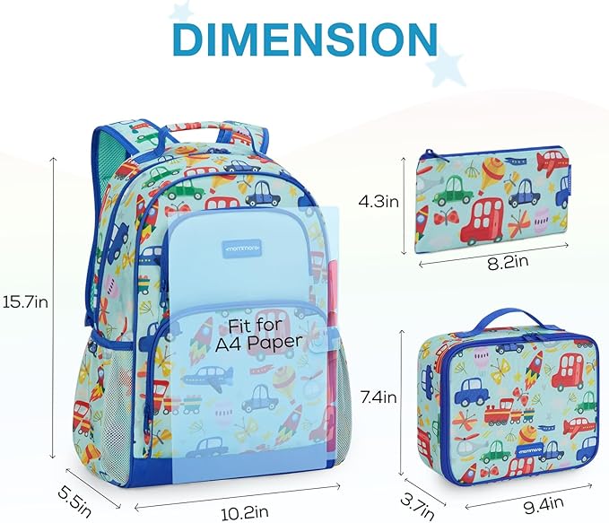 mommore Kids Backpack for Boys Girls 4-8 Kindergarten Elementary School Backpack with Lunch Box - 15” H Fit Folder