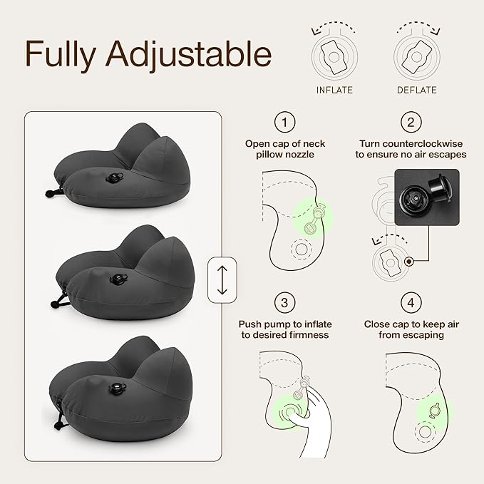 Coop Home Goods AirJustable Travel Neck Pillow, Inflatable, Adjustable Support for Neck & Chin, Compact, Soft Memory Foam Comfort, Airplane Travel Essentials, Cooling & Washable Cover