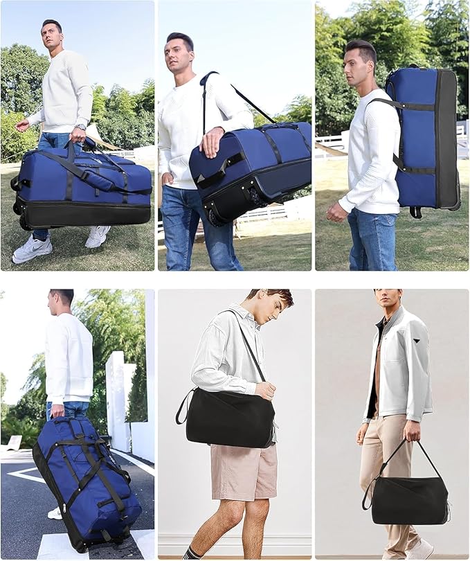 Rolling Duffle Bag with Wheels,110L/140L Expandable Soft-Sided Foldable Duffle Bag with 2 Rubber Wheels,Packable 32” Rolling Carry-On with Multi-Pockets & Compartments (Dark blue)