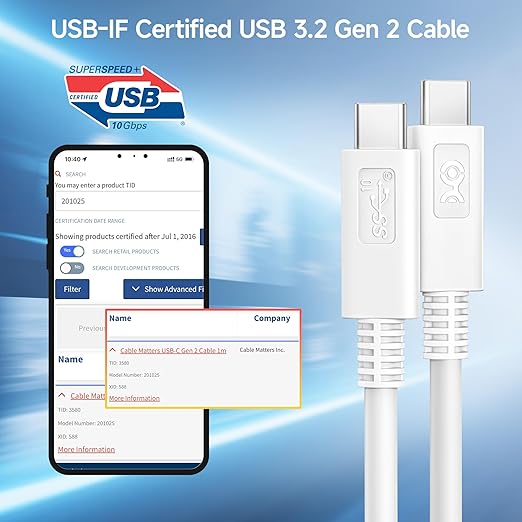 Cable Matters [USB-IF Certified] 10 Gbps Gen 2 USB C Cable - 3.3ft / 1m, Supports Up to [4K@60Hz Video, 100W Charging, 10Gbps Data Transfer], White