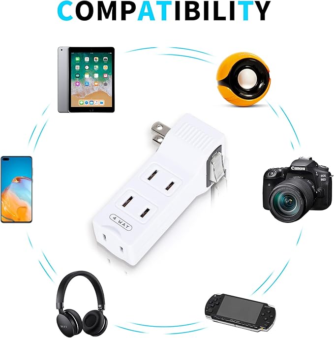 SYCON 4 Outlet Wall Adapter with A Power Switch and Night Light, 2-Prong Extender Adapter Plug with 4 Electrical Outlets for Travel Home Hotel Office-White 1 Pack